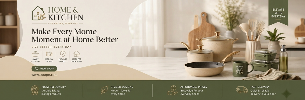 A promotional banner for 'Home & Kitchen' by Douqr, featuring a beautifully styled kitchen scene with a gold and white teapot, a small frying pan, stacked green mugs, and kitchen accessories on a countertop. The left side contains text overlays reading 'Make Every Mom a Moment at Home Better' and various service icons, while the bottom has a dark green banner with feature callouts.